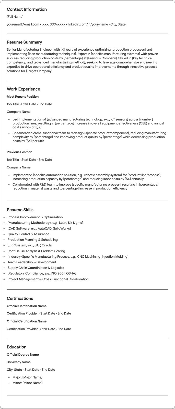 Senior Manufacturing Engineer resume example