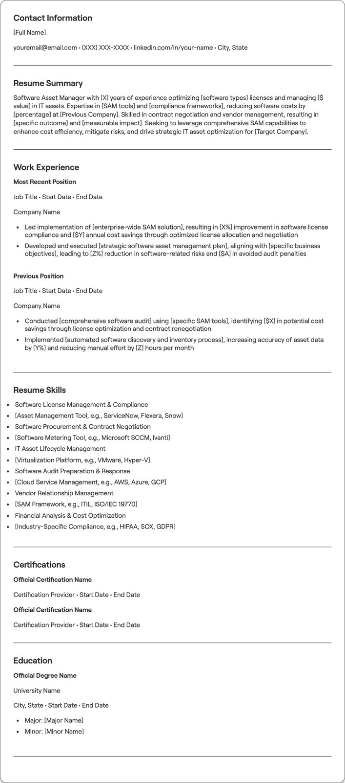Software Asset Manager resume example