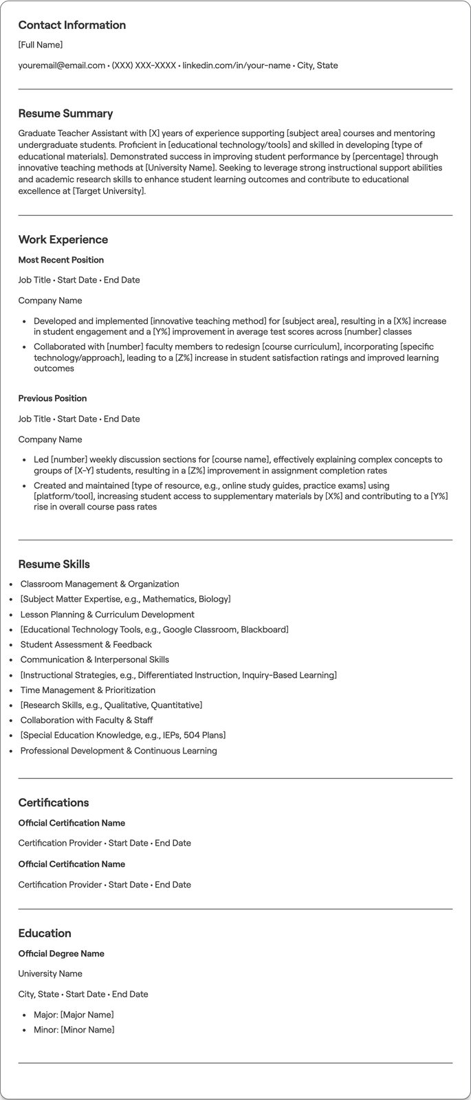 Graduate Teacher Assistant resume example