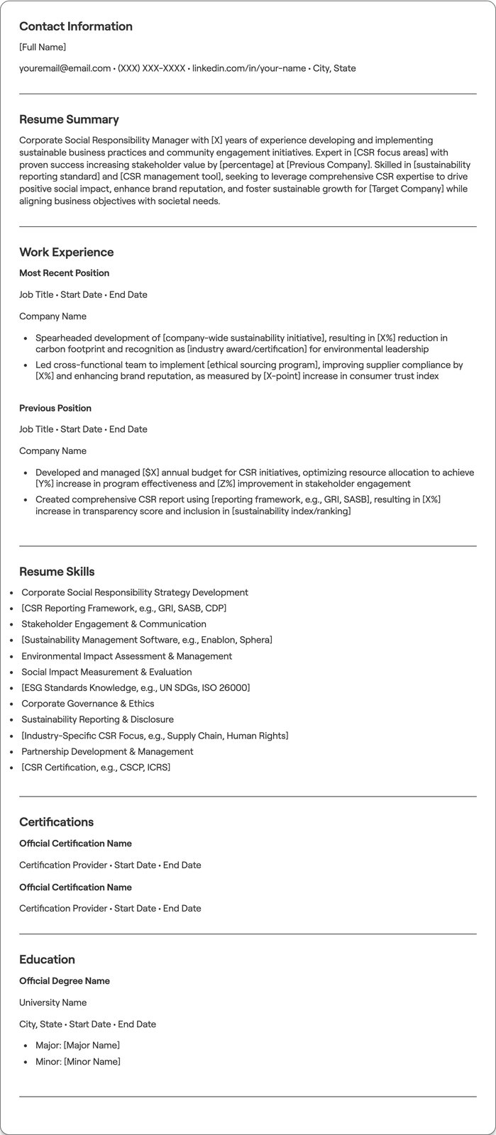 Corporate Social Responsibility Manager resume example