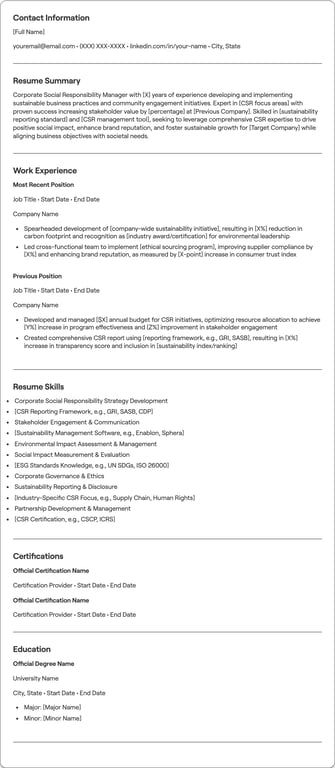 Corporate Social Responsibility Manager resume preview
