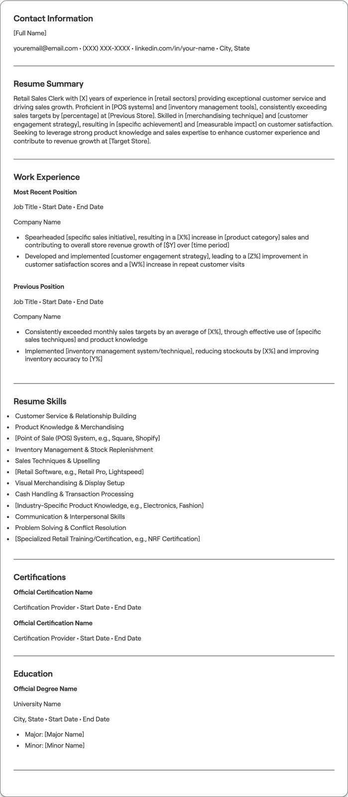 Retail Sales Clerk resume example