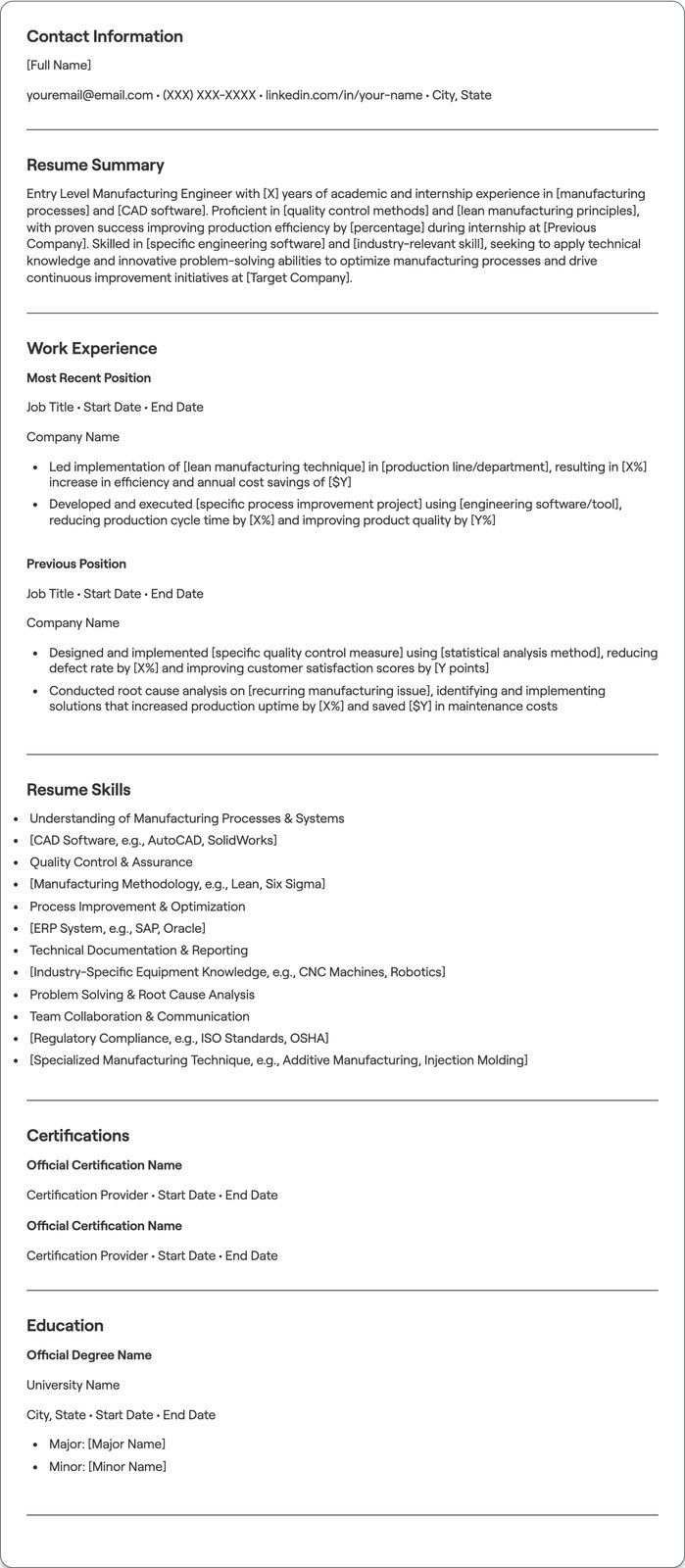 Entry Level Manufacturing Engineer resume example