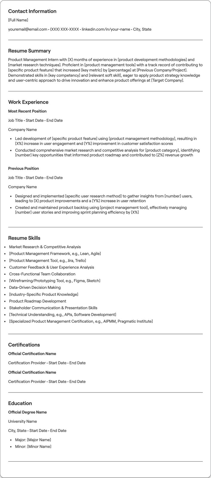 Product Management Intern resume example
