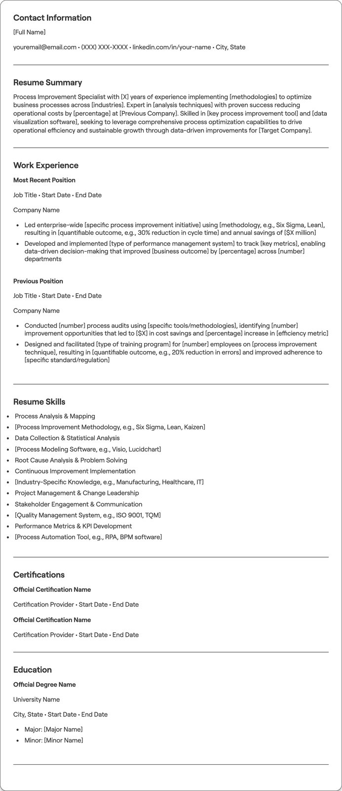 Process Improvement Specialist resume example