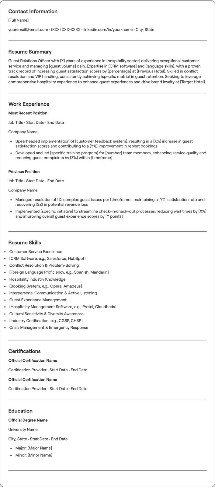 Guest Relations Officer resume example