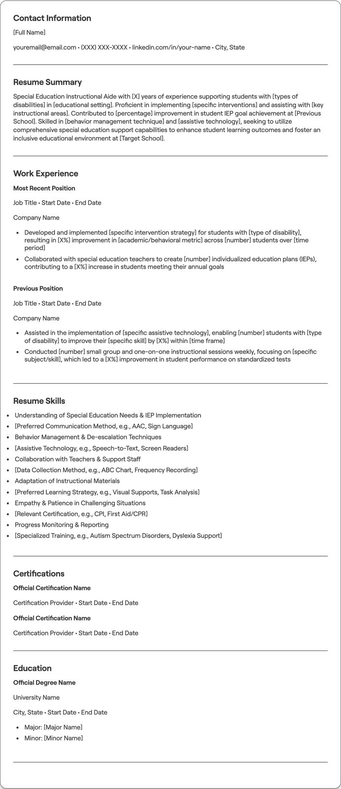 Special Ed Instructional Aide resume example