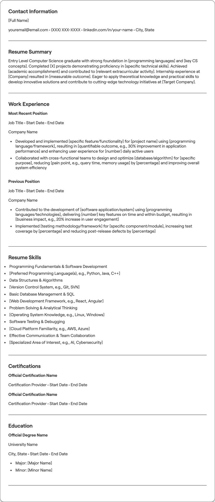 Entry Level Computer Science resume example
