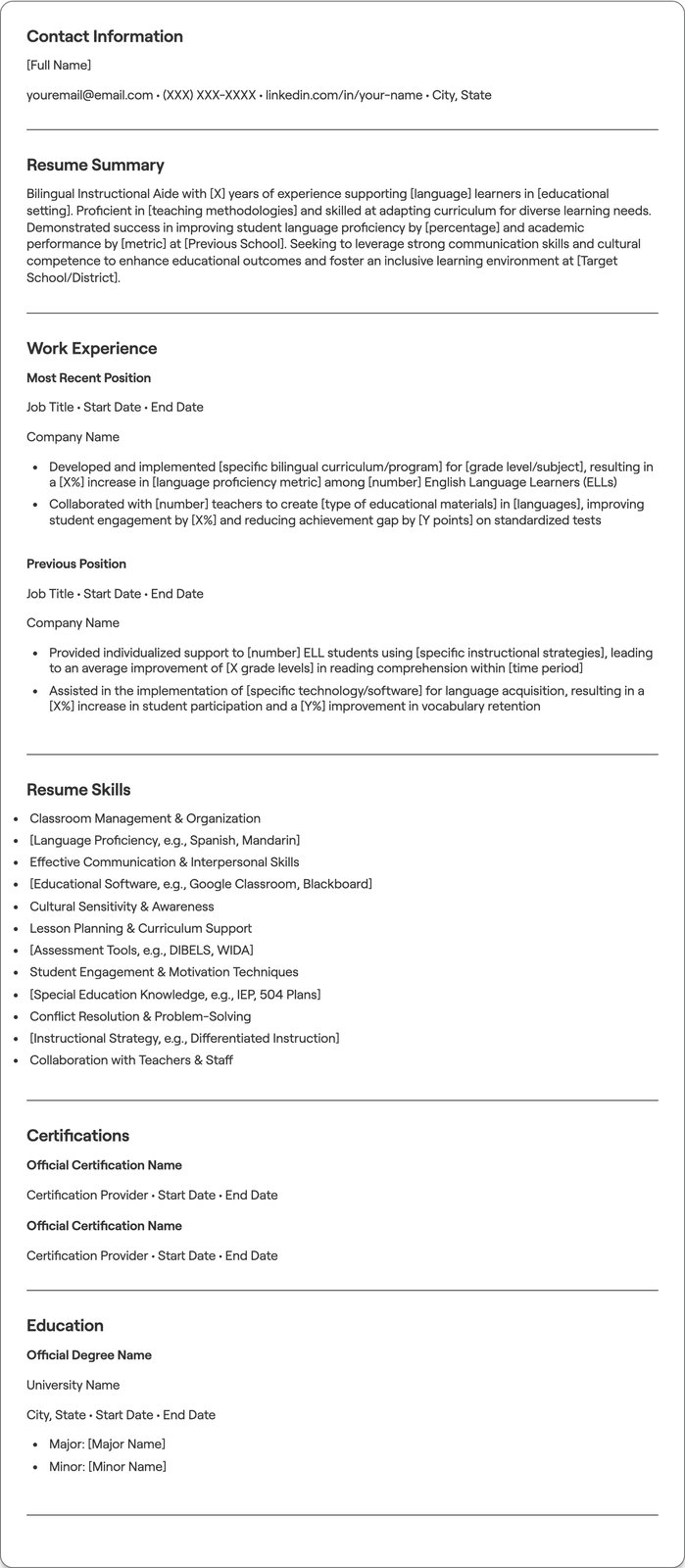 Bilingual Instructional Aide resume example