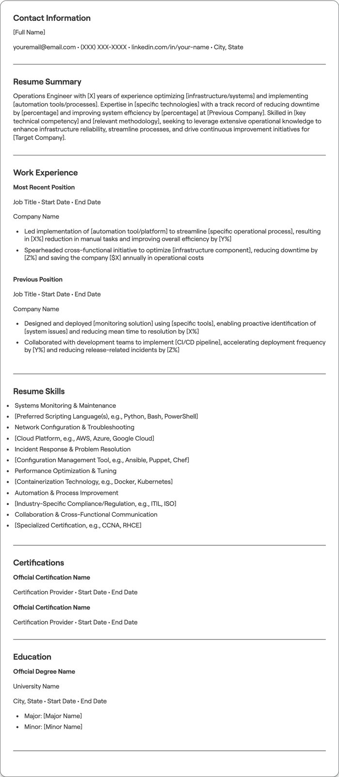 Operations Engineer resume example