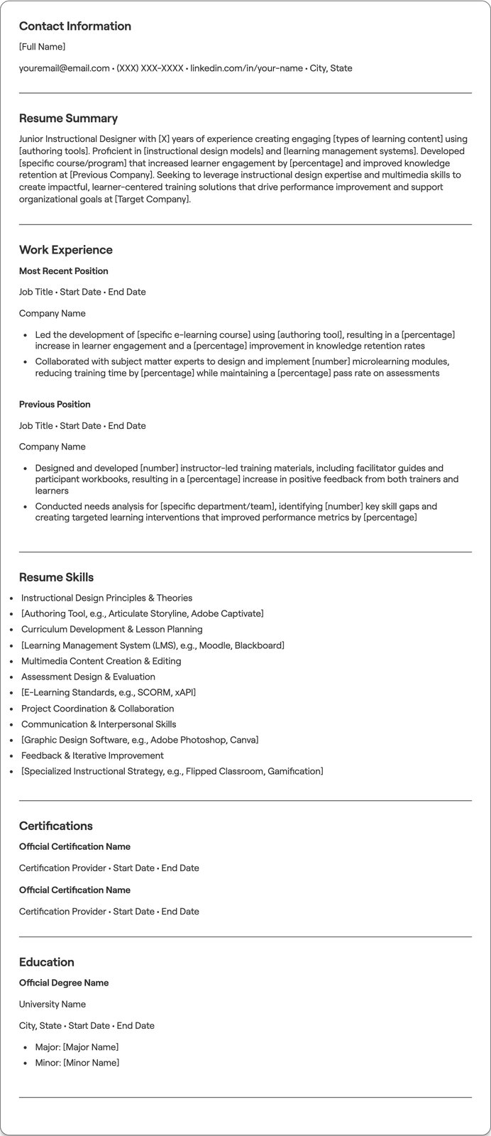 Junior Instructional Designer resume example