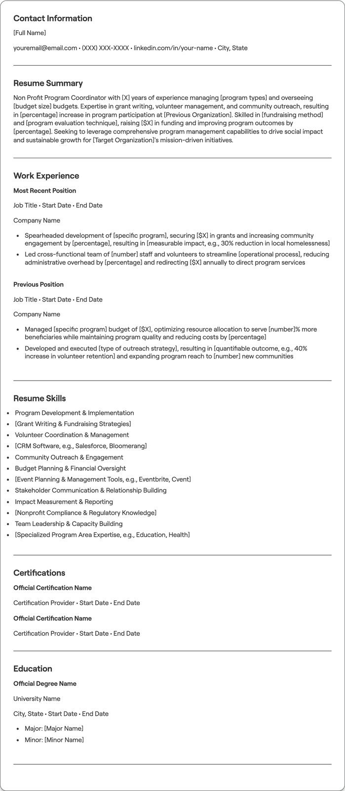Non Profit Program Coordinator resume example