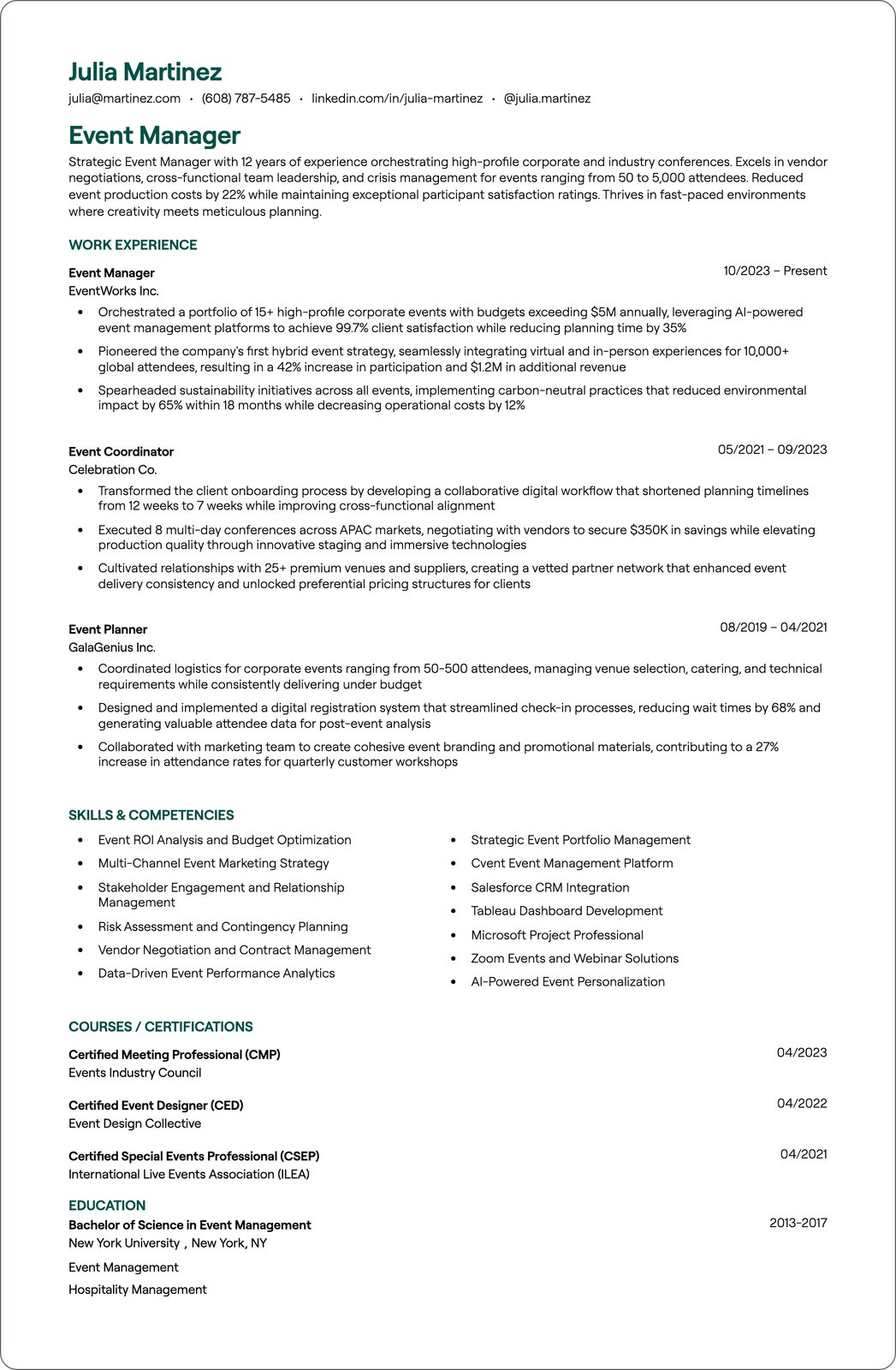 Special Events Manager resume example