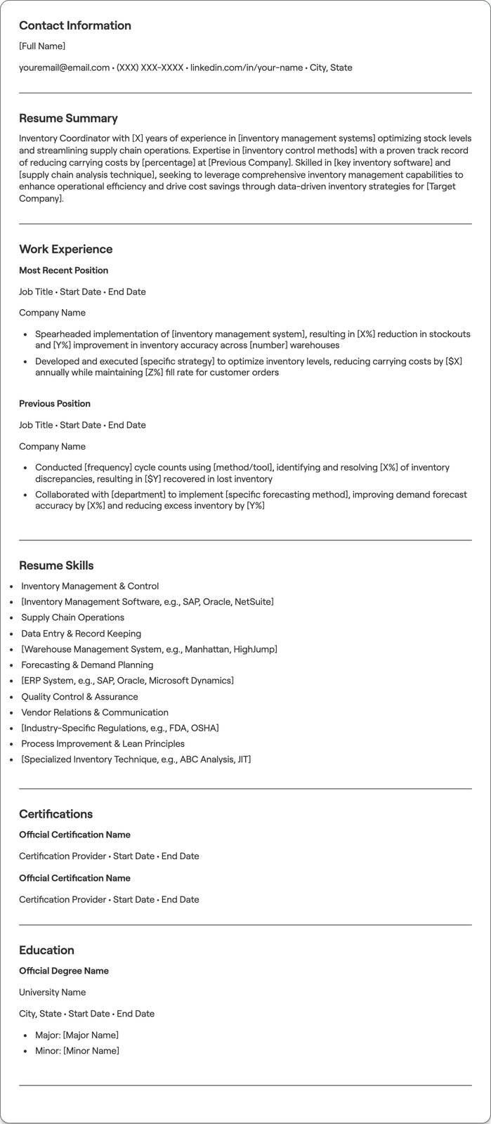 Inventory Coordinator resume example