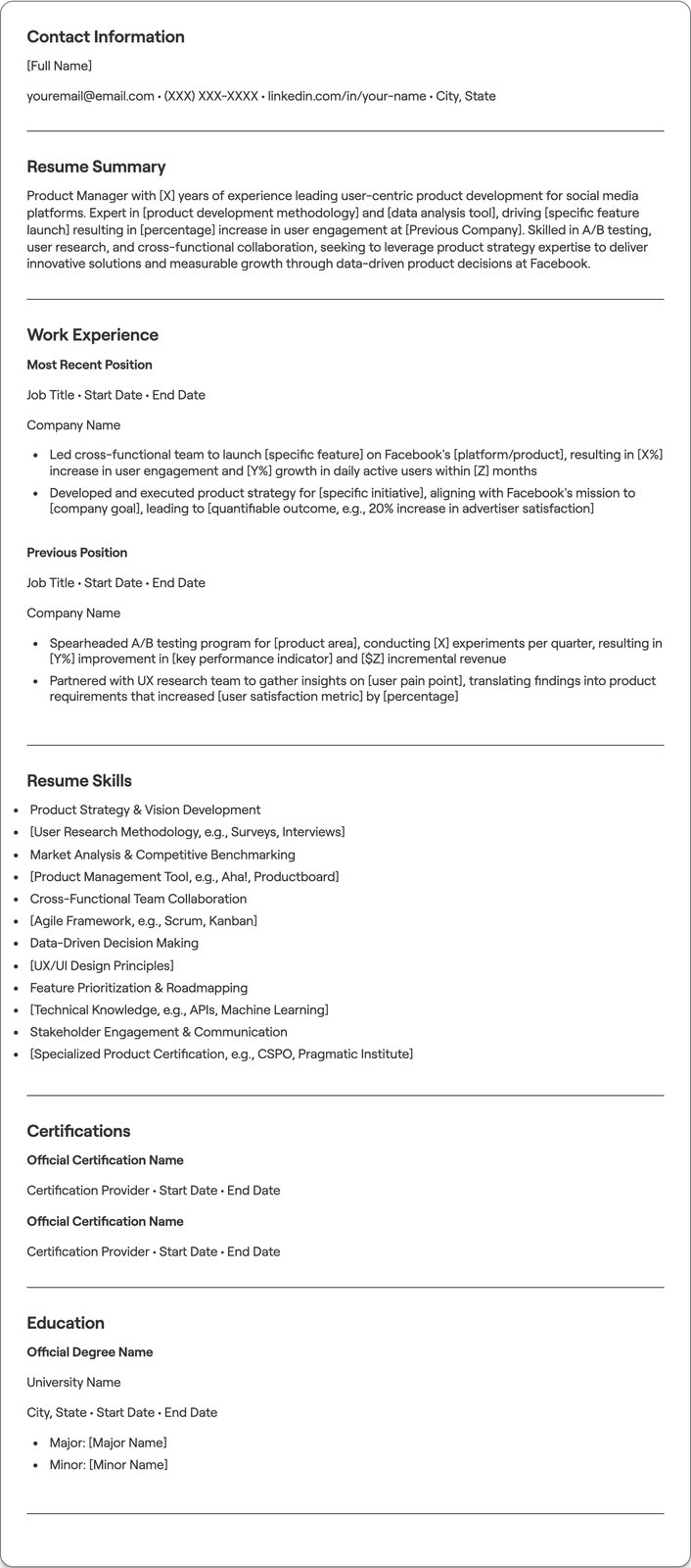 Facebook Product Manager resume example