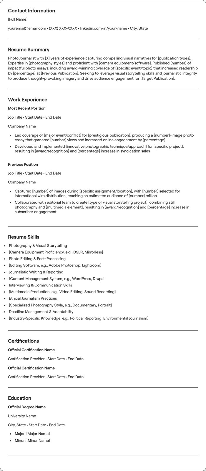 Photo Journalist resume example