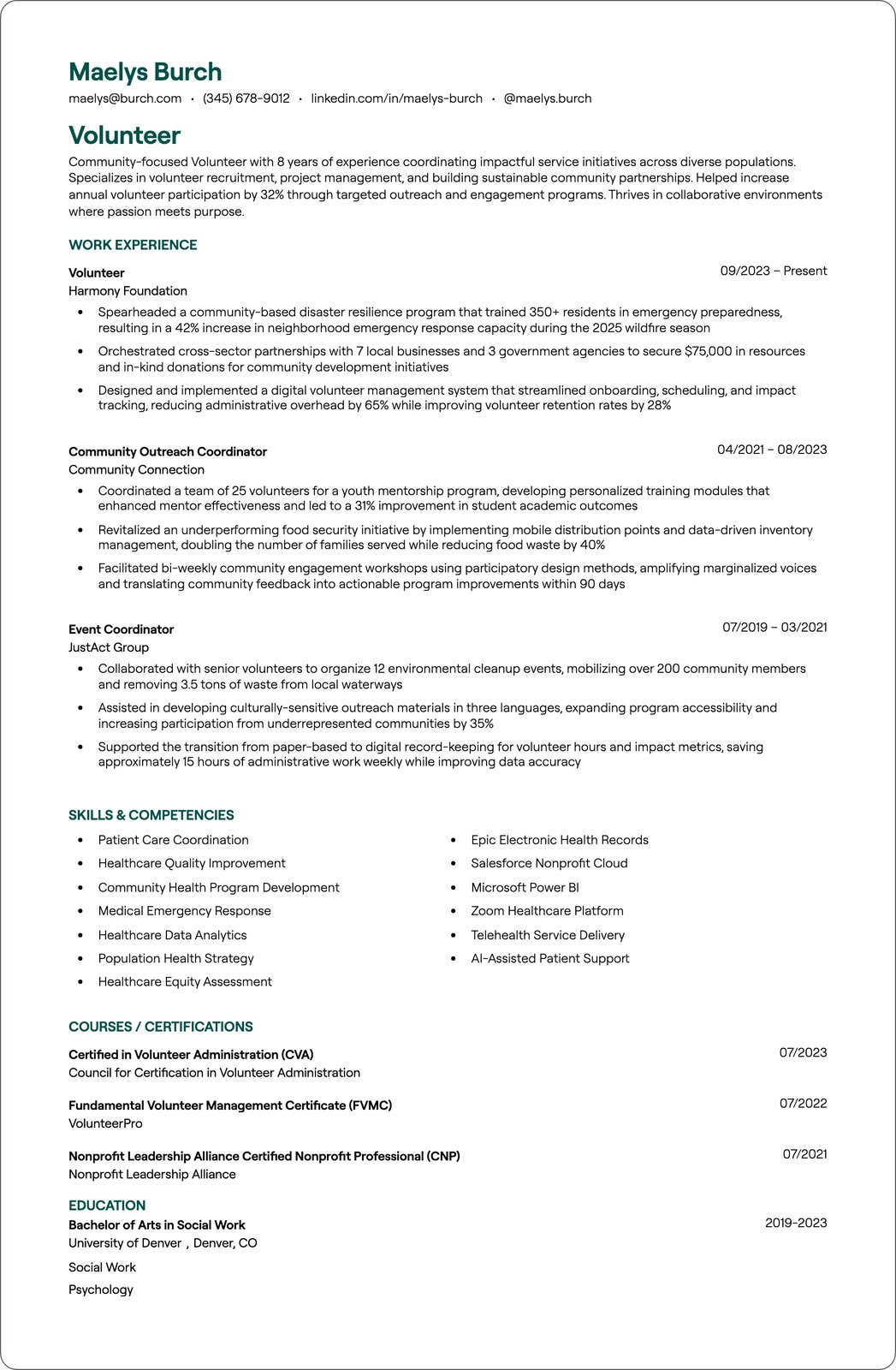 Volunteer resume example