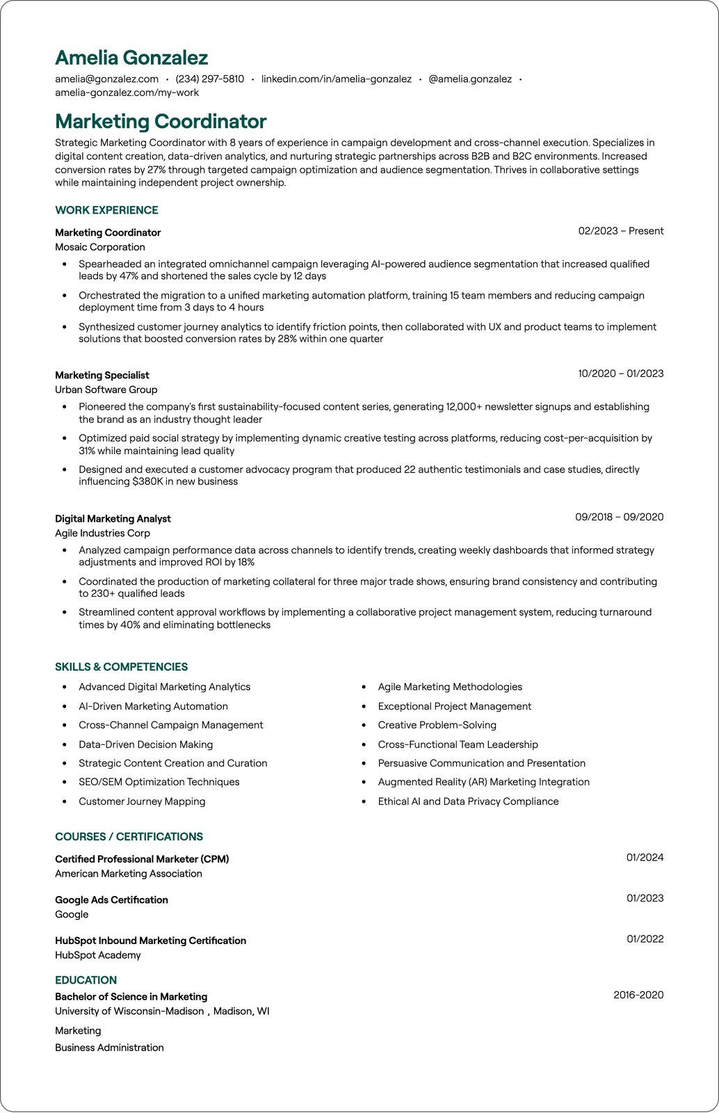 Brand Marketing Coordinator resume example