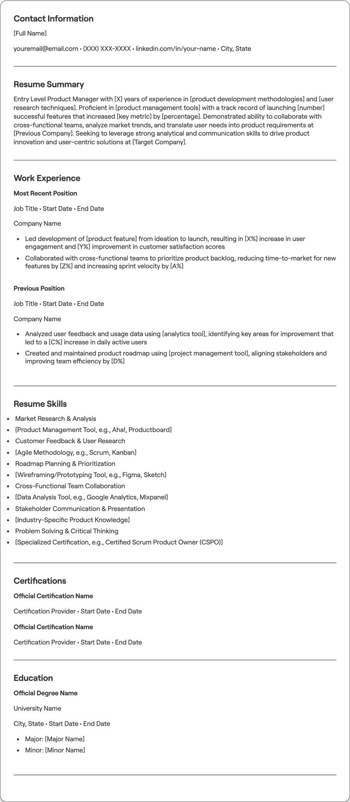 Entry Level Product Manager resume example