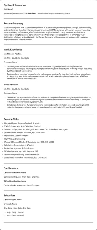 Substation Engineer resume example