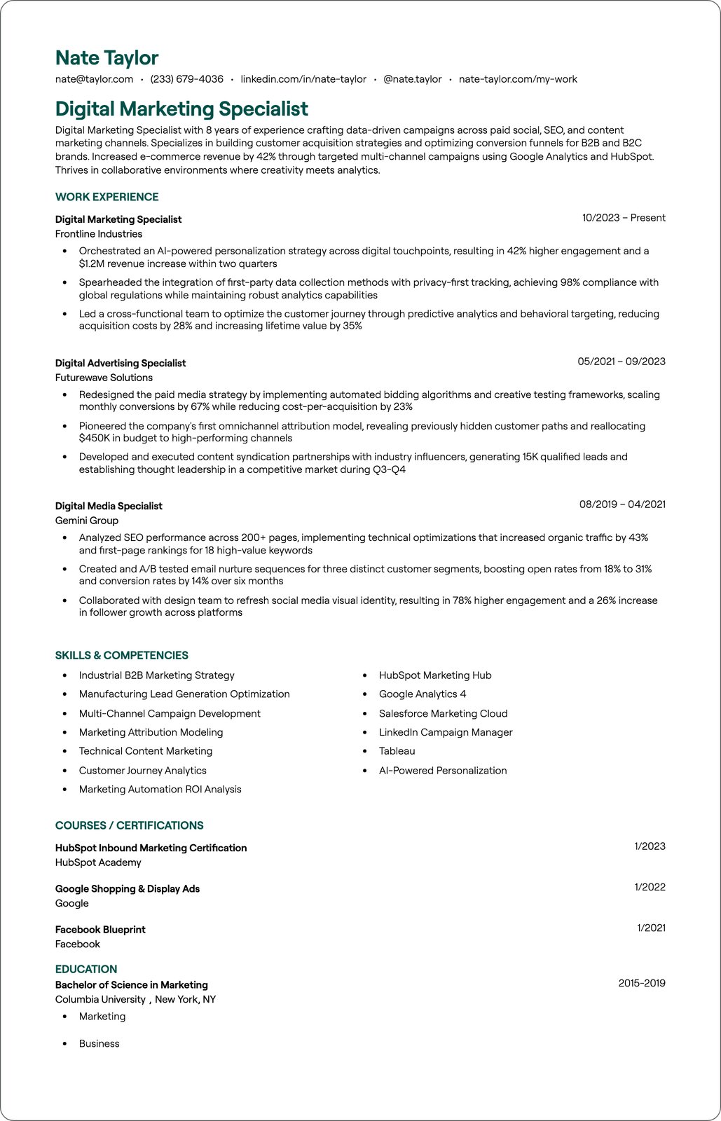Web Marketing Specialist resume example