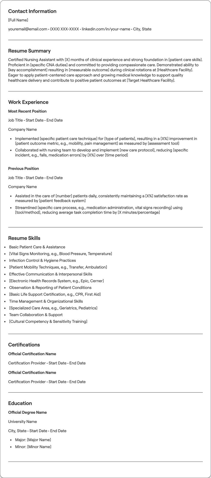 Beginner CNA resume example