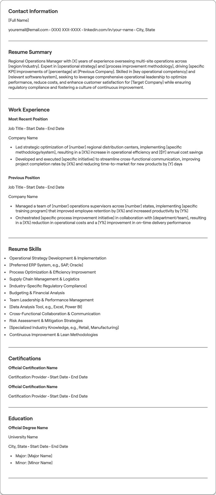 Regional Operations Manager resume example