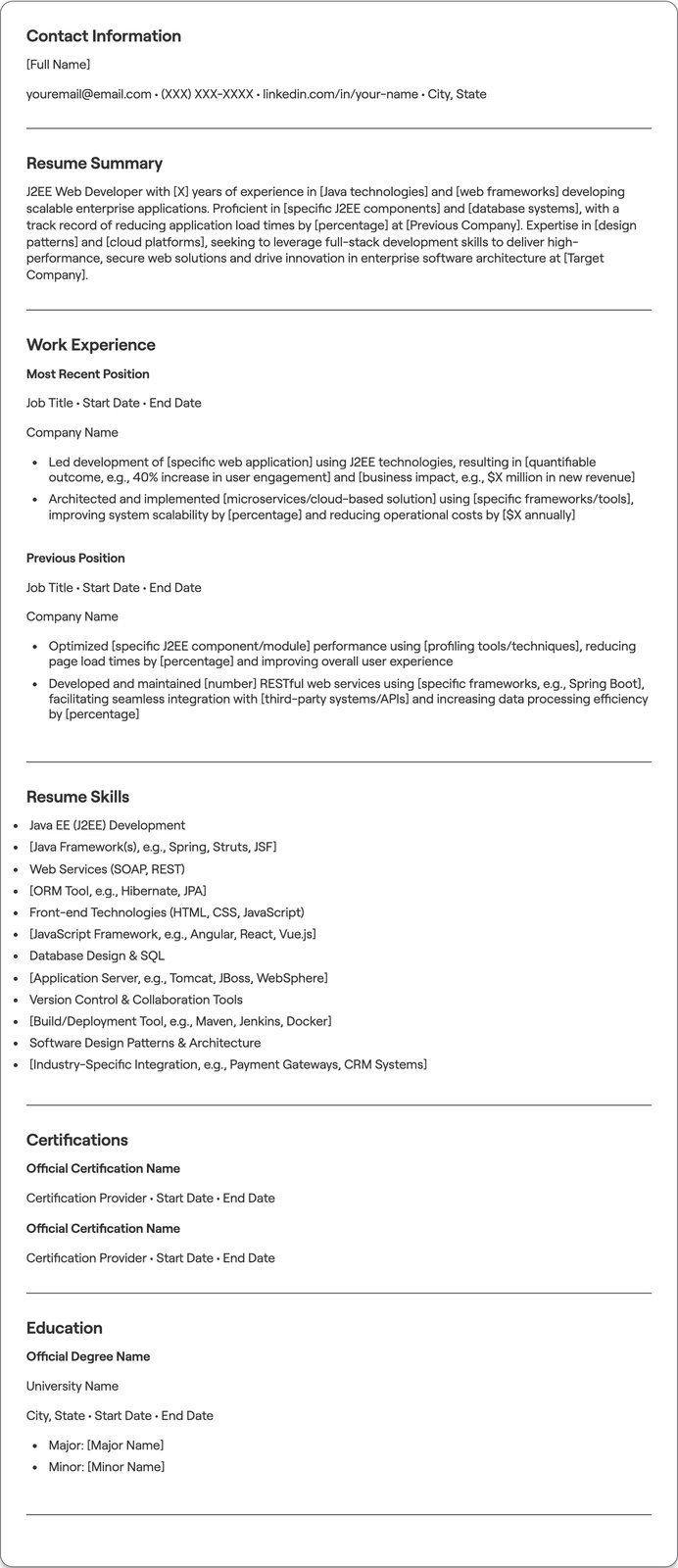 J2EE Web Developer resume example