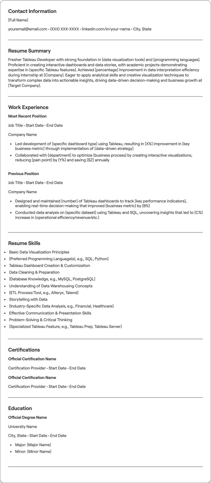 Fresher Tableau resume example