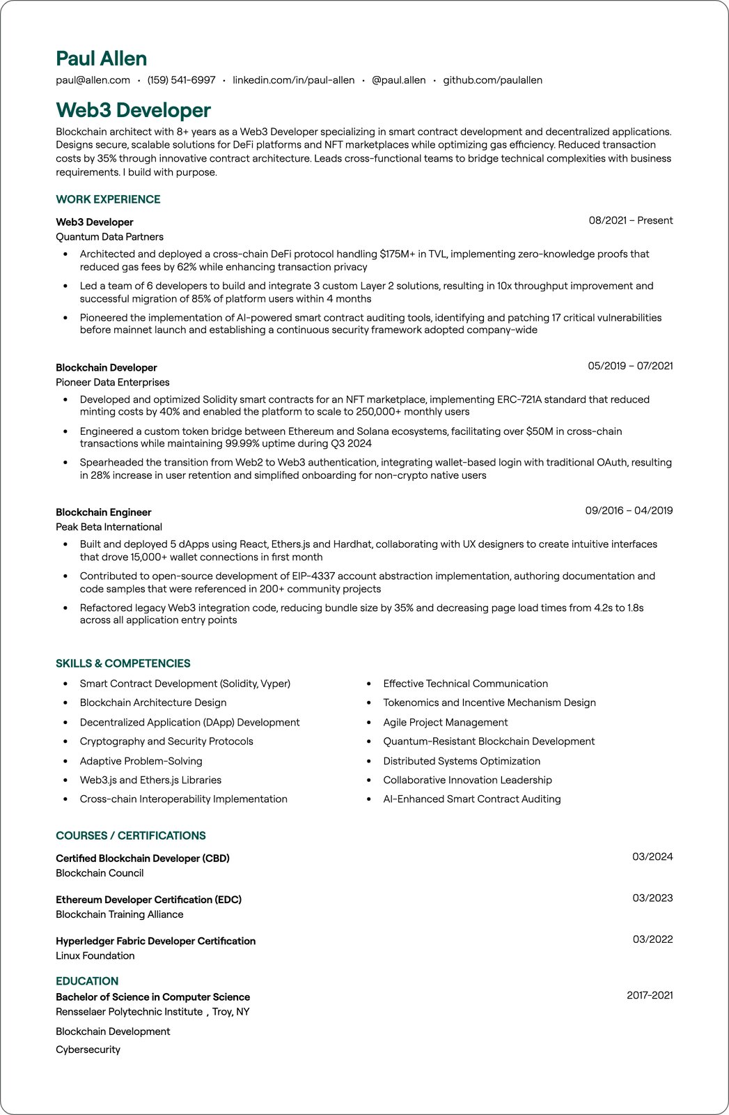 Web3 Developer resume example