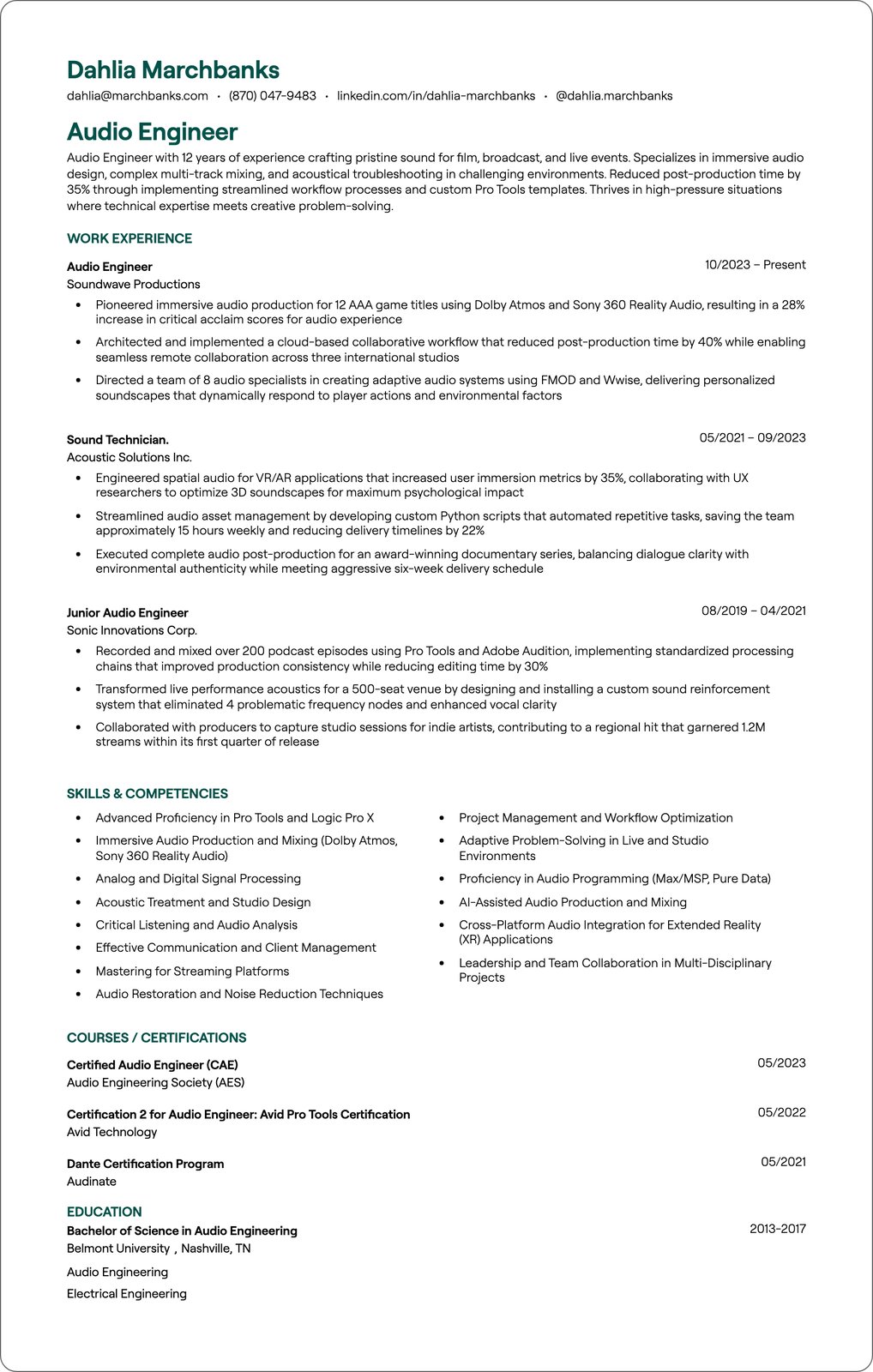 Audio Engineer Intern resume example