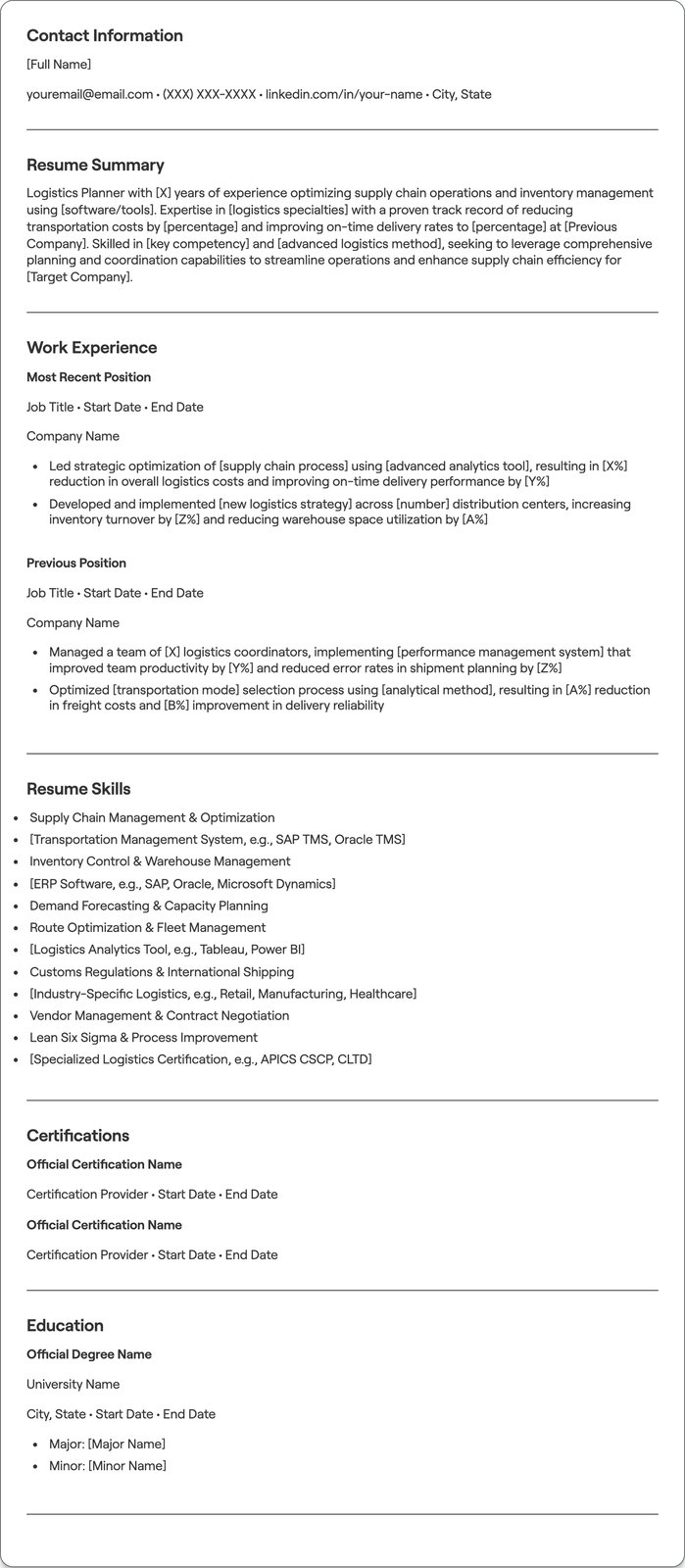 Logistics Planner resume example
