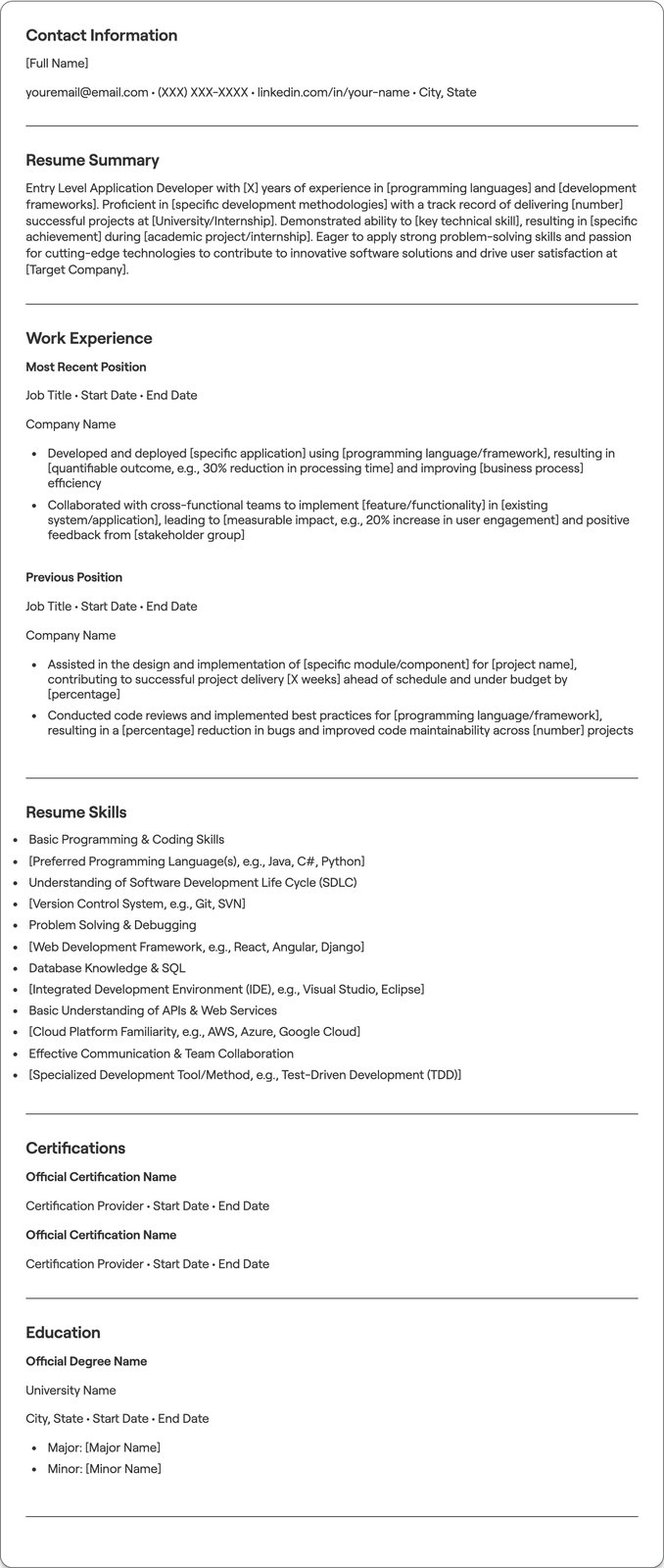 Entry Level Application Developer resume example