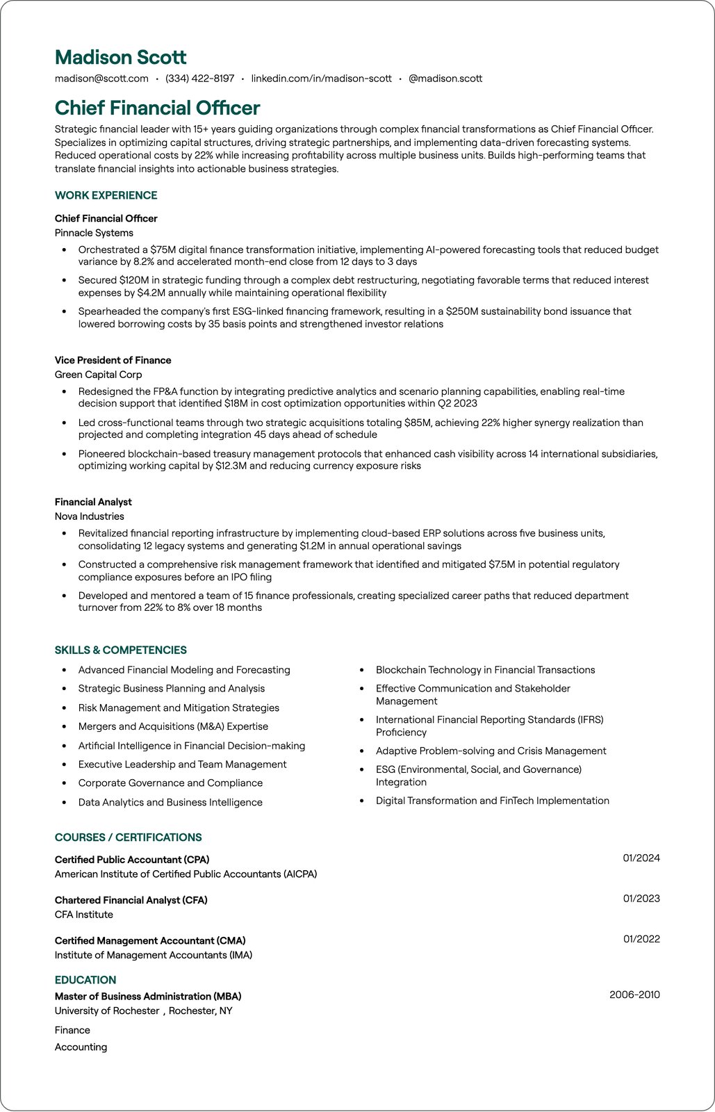 Chief Financial Officer resume example