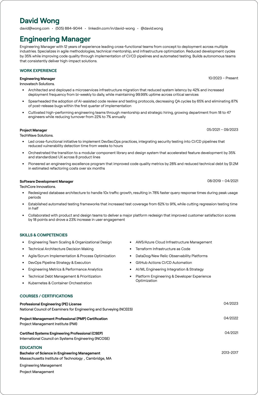 Software Engineering Manager resume example