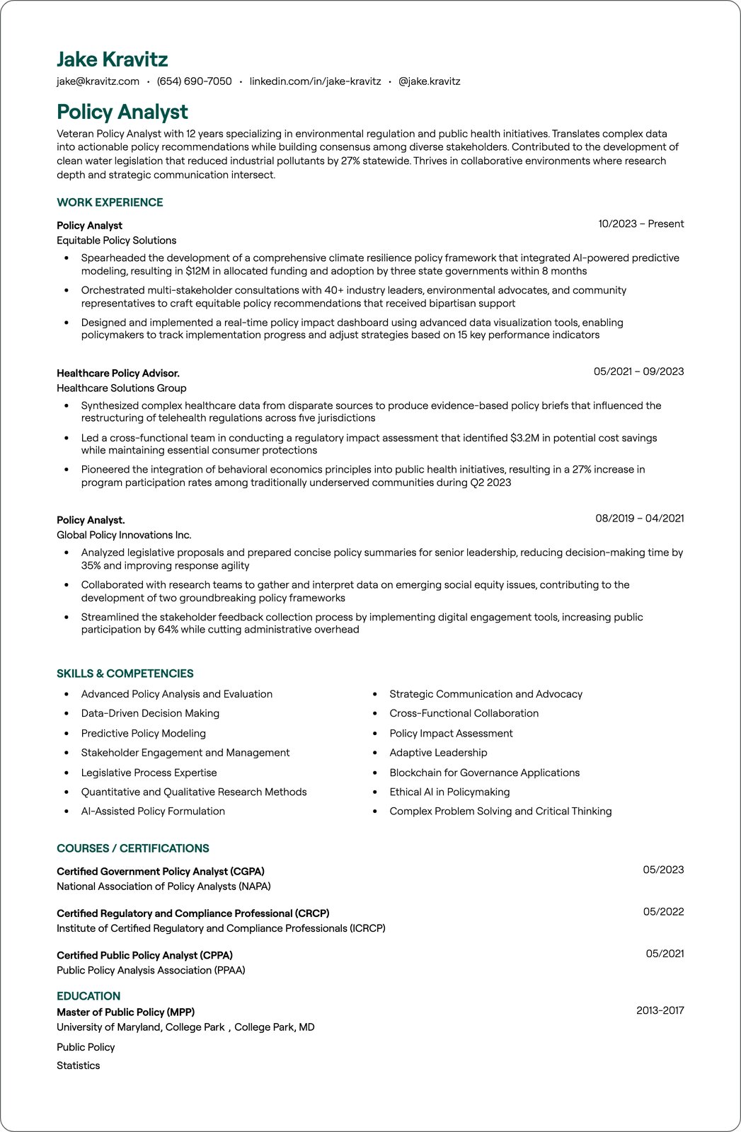 Policy Analyst resume example