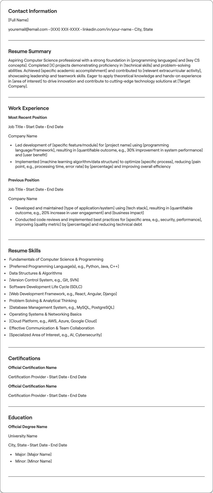Fresher Computer Science resume example