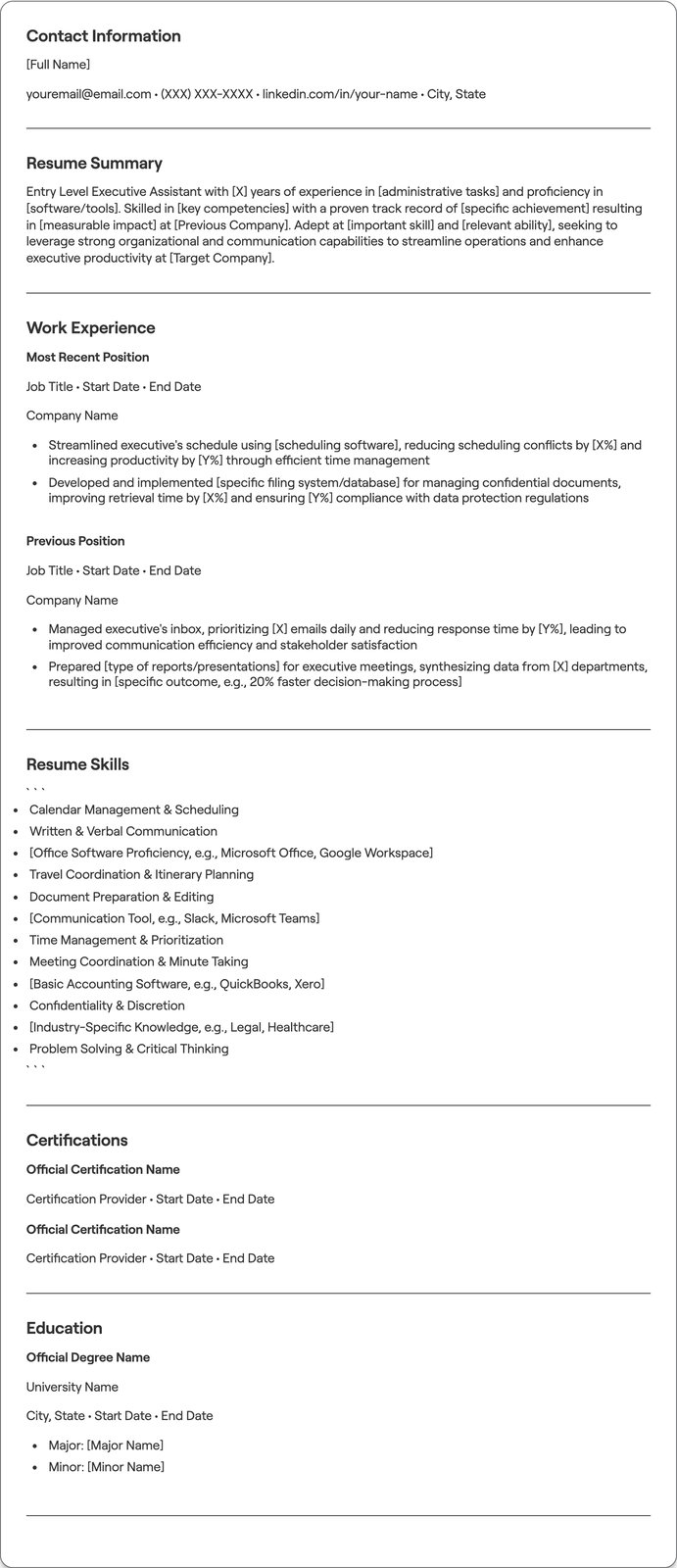 Entry Level Executive Assistant resume example