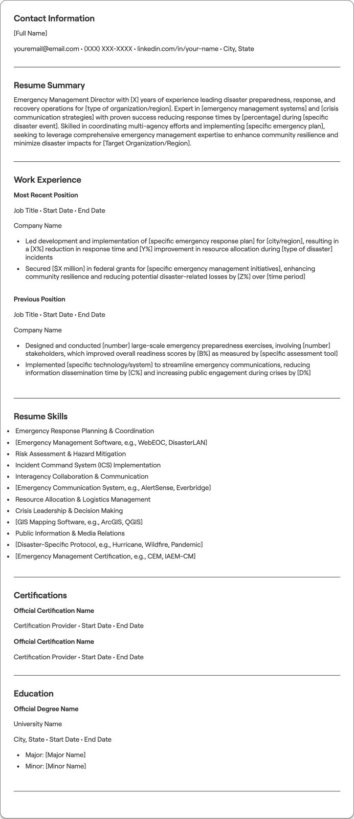 Emergency Management Director resume example