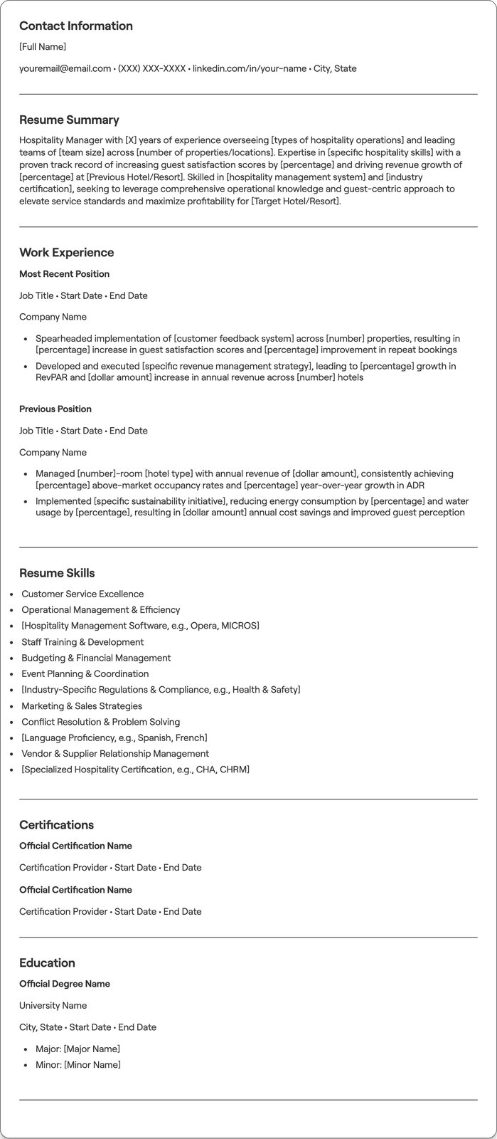Hospitality Manager resume example