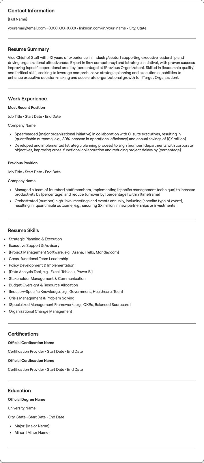 Vice Chief of Staff resume example