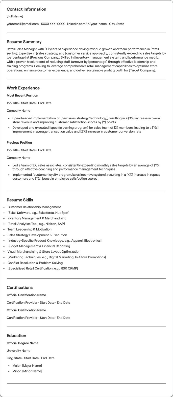 Retail Sales Manager resume example