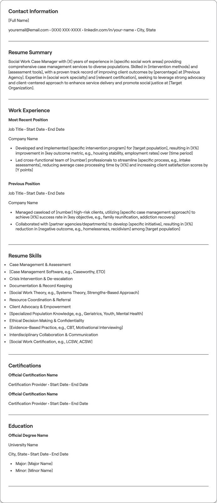 Social Work Case Manager resume example