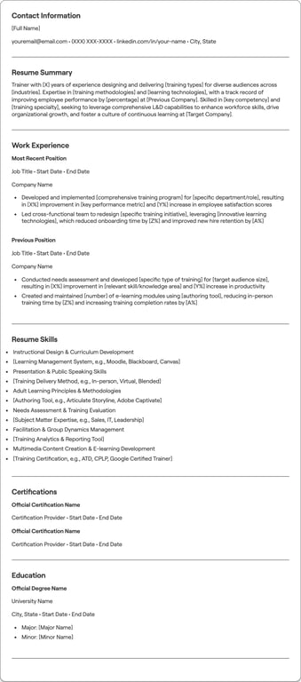 Trainer resume preview