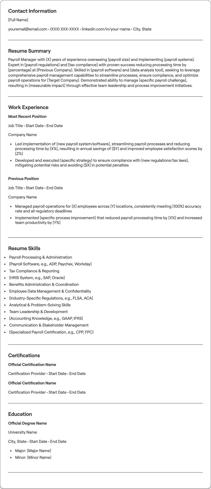 Payroll Manager resume example