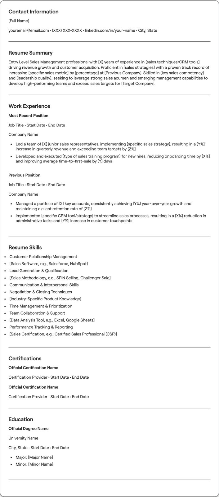 Entry Level Sales Management resume example