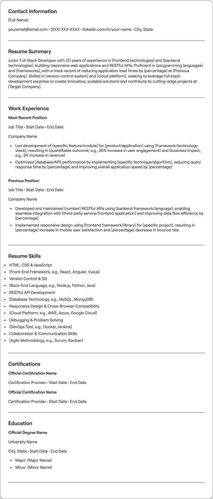 Junior Full Stack Developer resume example