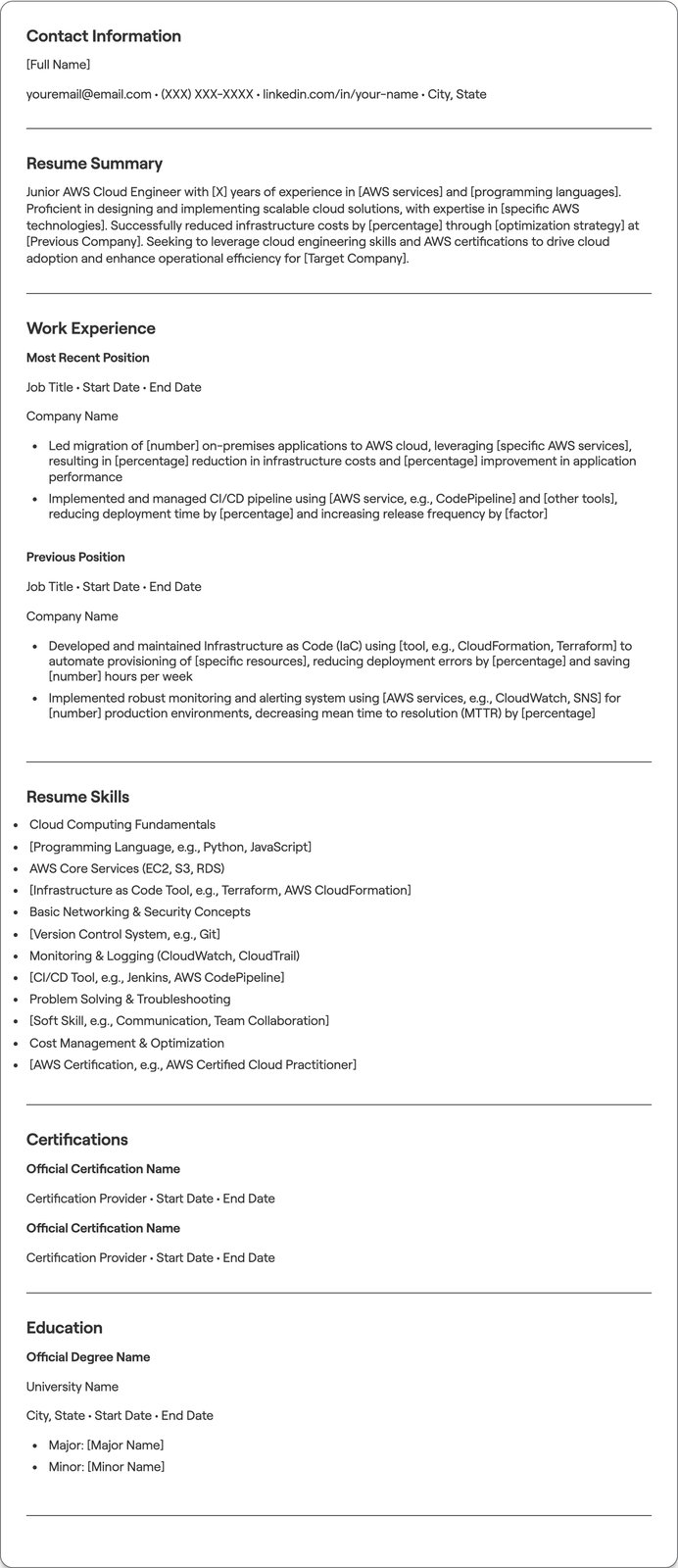 Junior AWS Cloud Engineer resume example