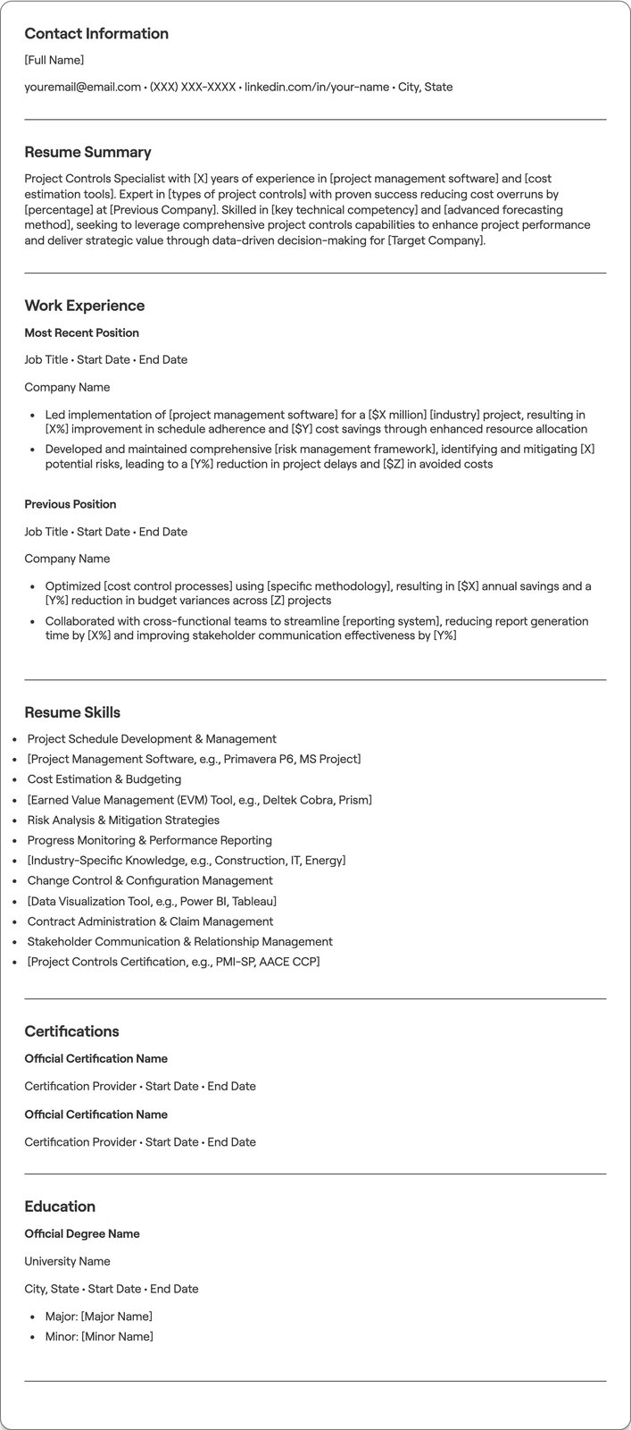 Project Controls Specialist resume example