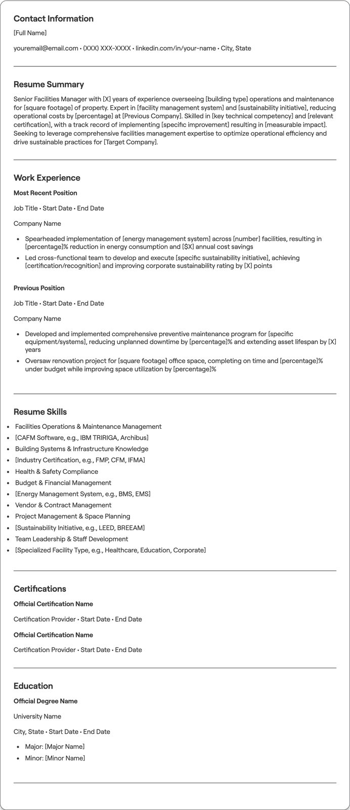 Senior Facilities Manager resume example